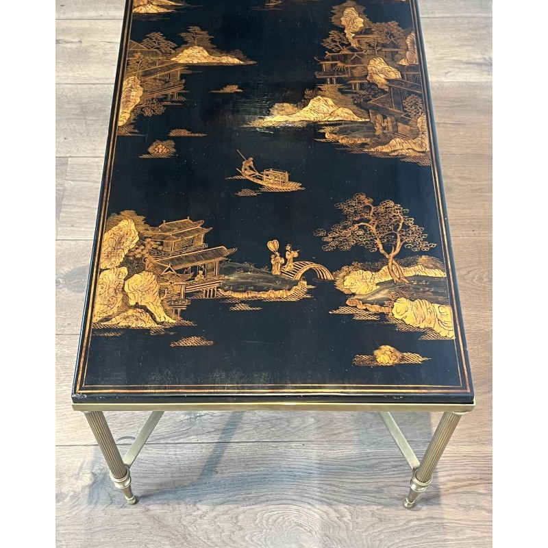 Brass & Chinoiserie Lacquer Coffee Table | Maison Jansen 1940s