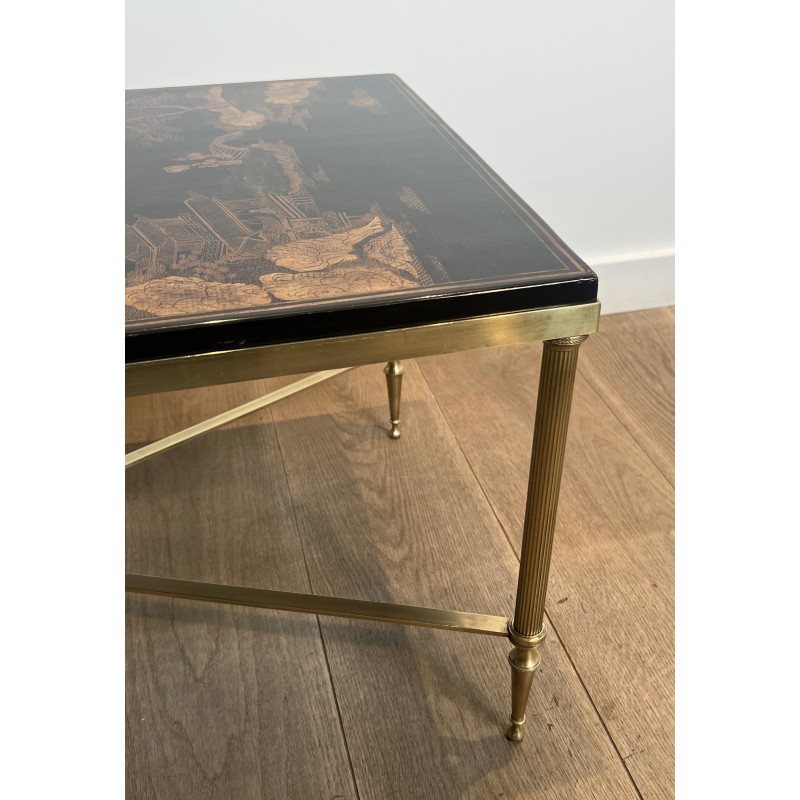 Brass & Chinoiserie Lacquer Coffee Table | Maison Jansen 1940s