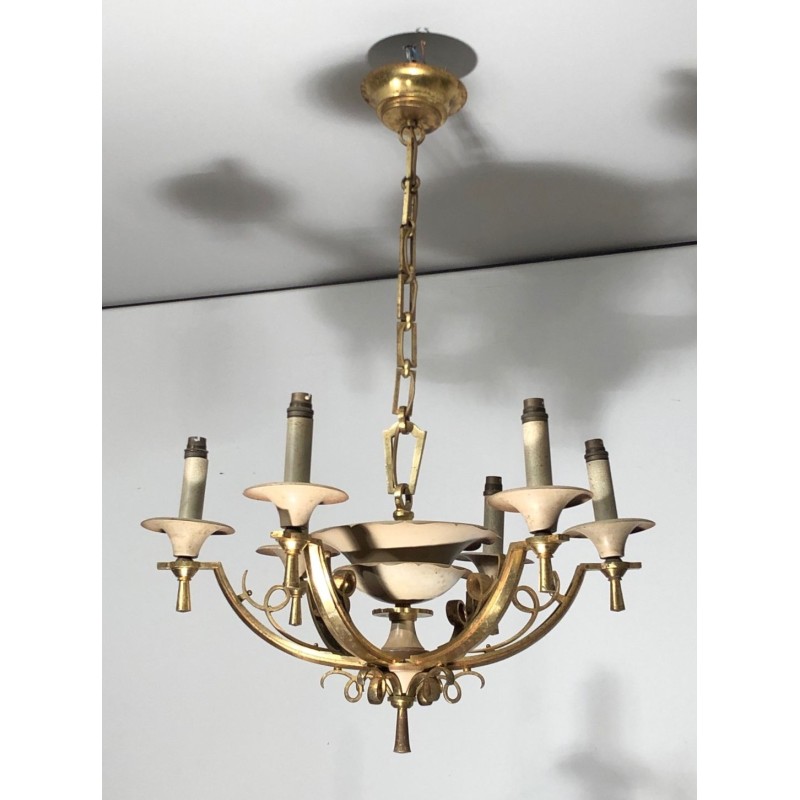 Lacquered Metal and Brass Chandelier. Circa 1940