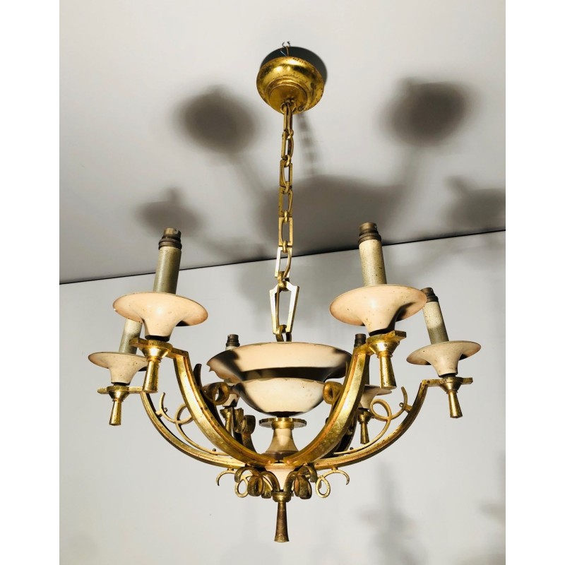 Lacquered Metal and Brass Chandelier. Circa 1940