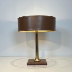 Lampe de Bureau en Cuir Marron et Laiton dans le Goût de Jacques Adnet