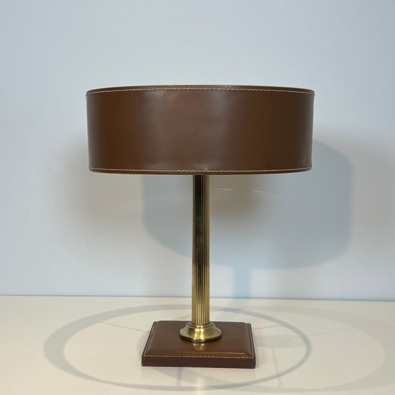 Lampe de Bureau en Cuir Marron et Laiton dans le Goût de Jacques Adnet