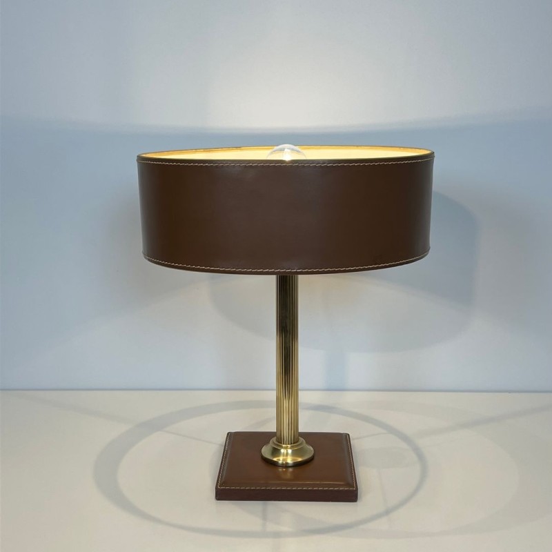 Lampe de Bureau en Cuir Marron et Laiton dans le Goût de Jacques Adnet