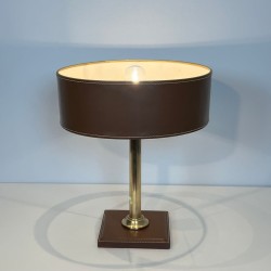 Brown Leather and Brass Desk Lamp in the Style of Jacques Adnet