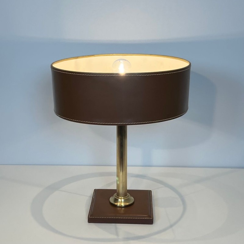 Brown Leather and Brass Desk Lamp in the Style of Jacques Adnet