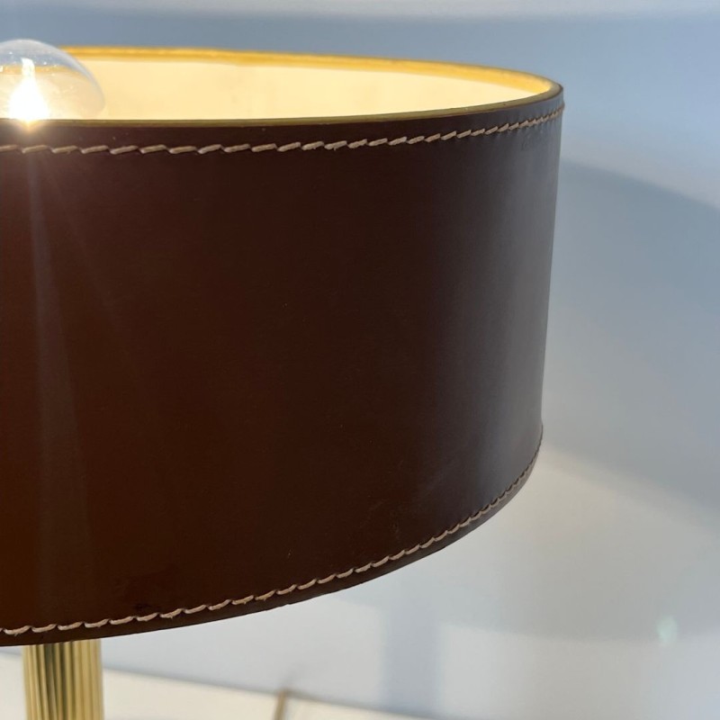 Brown Leather and Brass Desk Lamp in the Style of Jacques Adnet