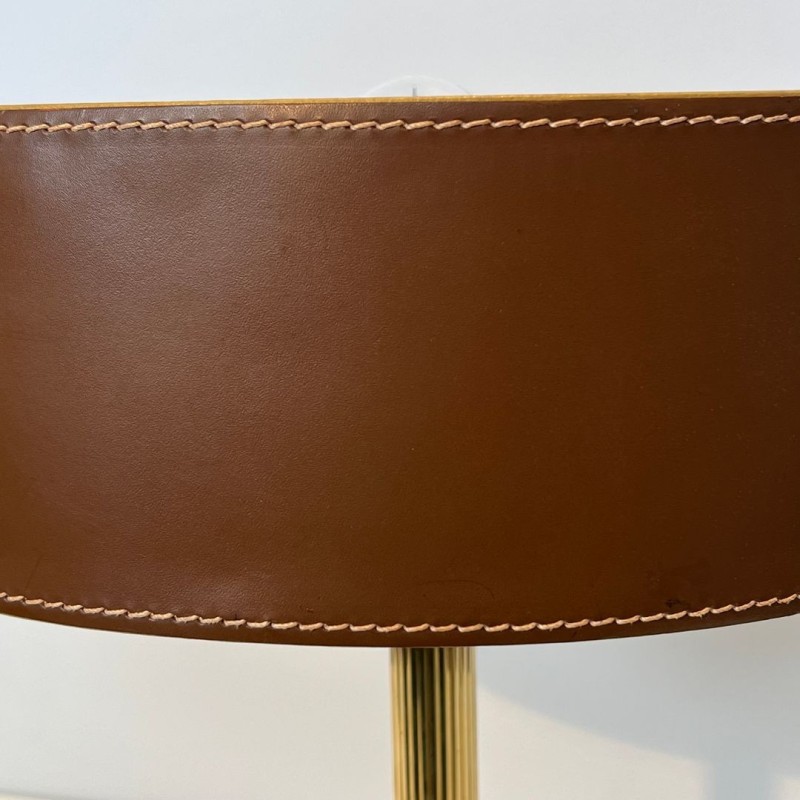 Brown Leather and Brass Desk Lamp in the Style of Jacques Adnet