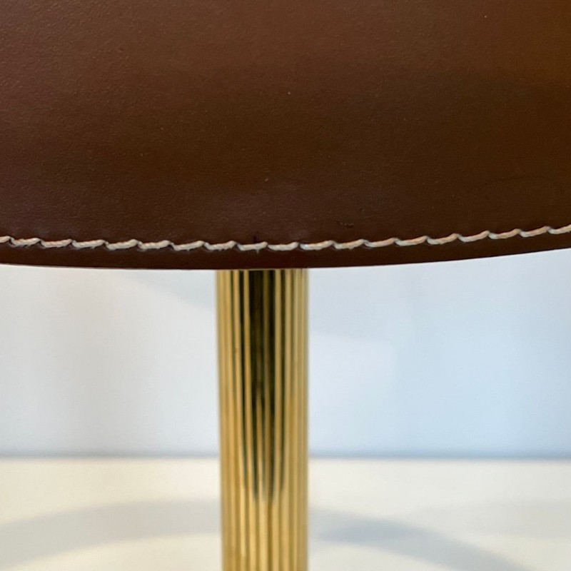 Lampe de Bureau en Cuir Marron et Laiton dans le Goût de Jacques Adnet