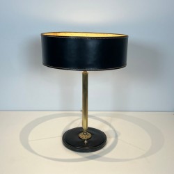 Black Leather and Brass Desk Lamp in the Style of Jacques Adnet