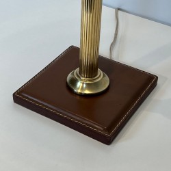 Lampe de Bureau en Cuir Marron et Laiton dans le Goût de Jacques Adnet