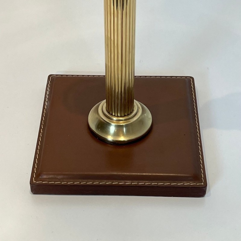 Brown Leather and Brass Desk Lamp in the Style of Jacques Adnet