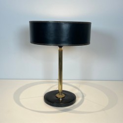 Black Leather and Brass Desk Lamp in the Style of Jacques Adnet
