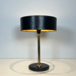 Lampe de Bureau en Cuir Noir et Laiton dans le Goût de Jacques Adnet