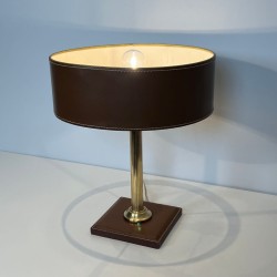 Brown Leather and Brass Desk Lamp in the Style of Jacques Adnet