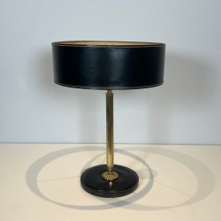 Black Leather and Brass Desk Lamp in the Style of Jacques Adnet