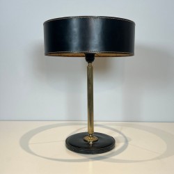 Lampe de Bureau en Cuir Noir et Laiton dans le Goût de Jacques Adnet