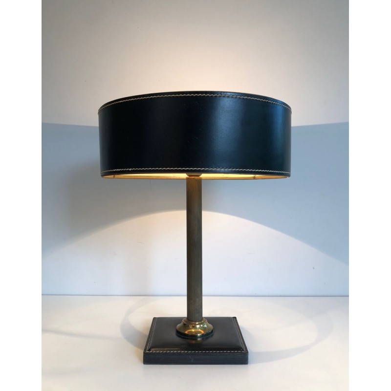 Black Leather and Brass Desk Lamp in the Style of Jacques Adnet, French Work, circa 1970