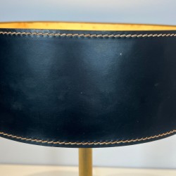 Lampe de Bureau en Cuir Noir et Laiton dans le Goût de Jacques Adnet