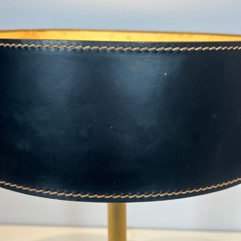 Black Leather and Brass Desk Lamp in the Style of Jacques Adnet