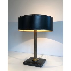 Lampe de Bureau Cuir Noir et Laiton dans le Goût de Jacques Adnet, Travail Français, vers 1970