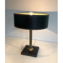Lampe de Bureau Cuir Noir et Laiton dans le Goût de Jacques Adnet, Travail Français, vers 1970