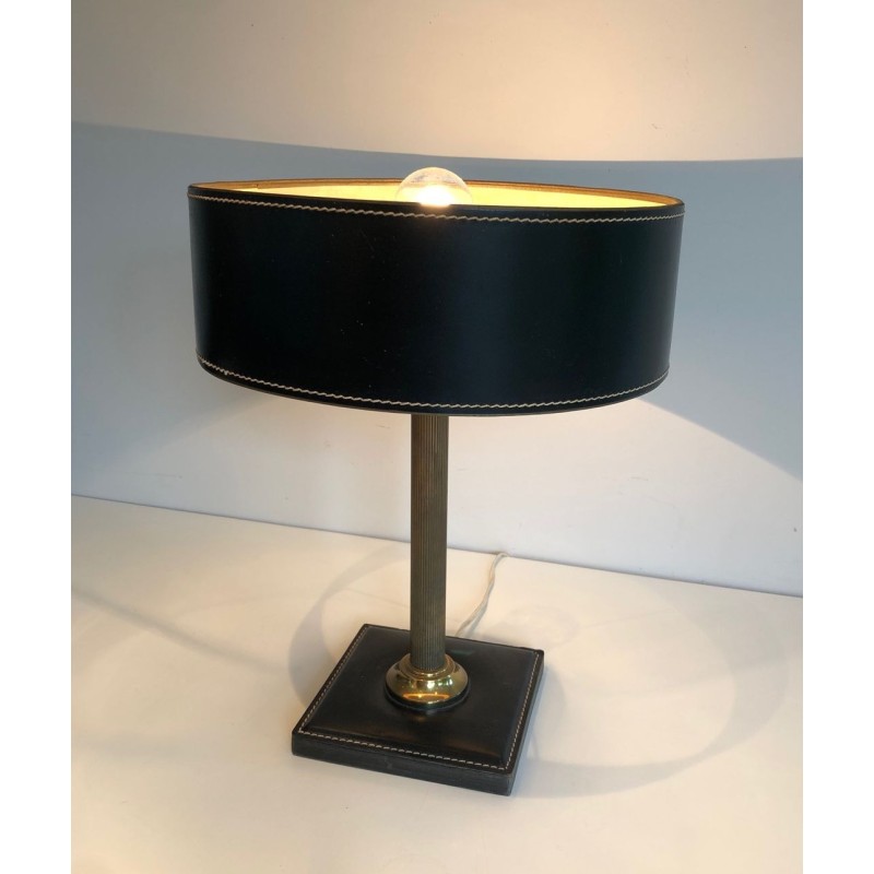Lampe de Bureau Cuir Noir et Laiton dans le Goût de Jacques Adnet, Travail Français, vers 1970