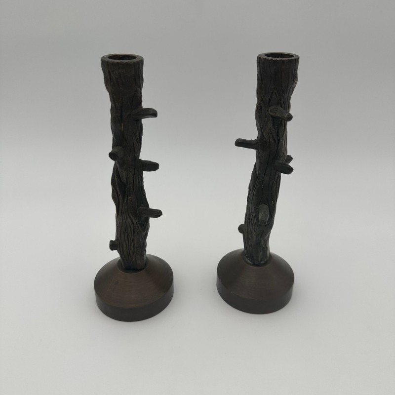 Paire de bougeoir en bronze imitation bois vers 1970