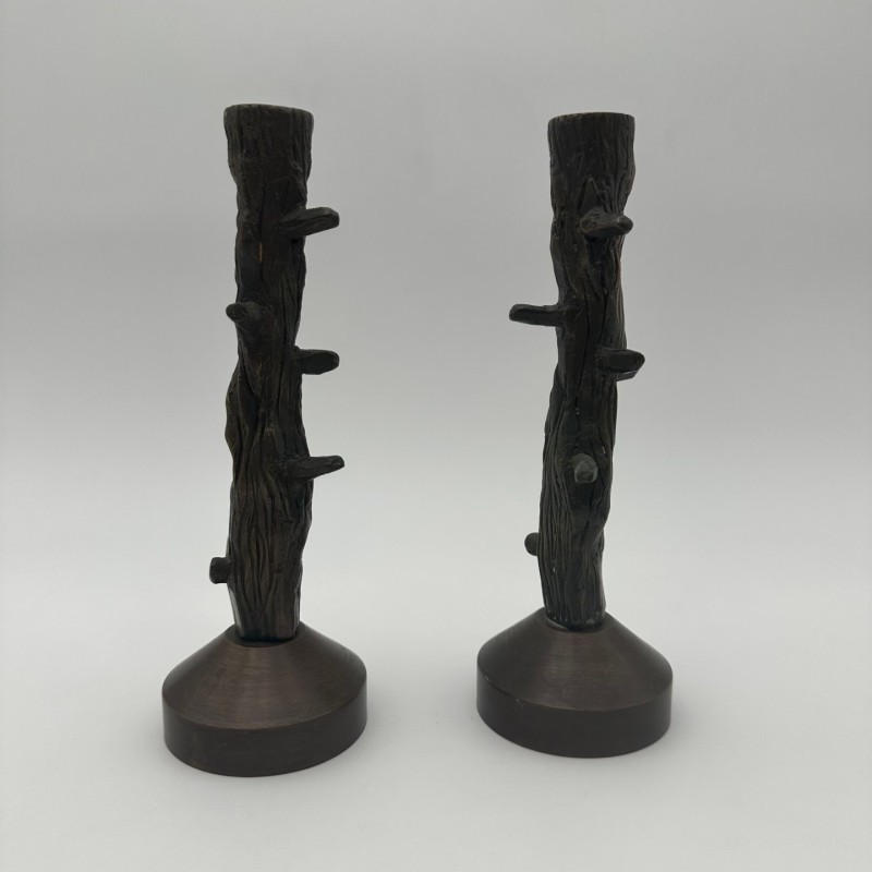Paire de bougeoir en bronze imitation bois vers 1970