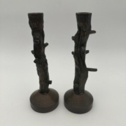 Paire de bougeoir en bronze imitation bois vers 1970