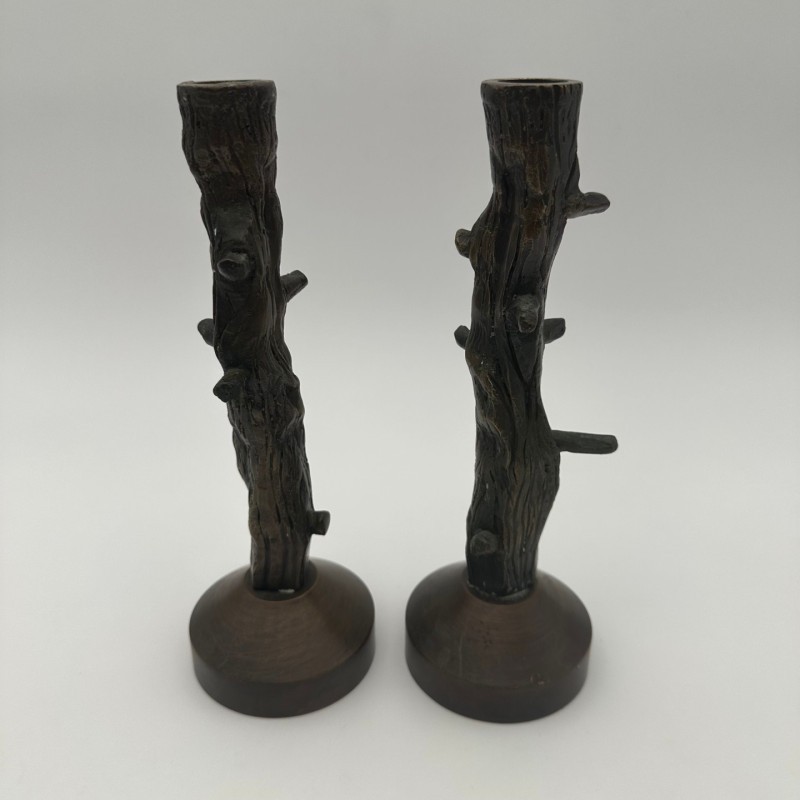 Paire de bougeoir en bronze imitation bois vers 1970