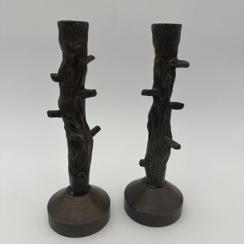 Paire de bougeoir en bronze imitation bois vers 1970