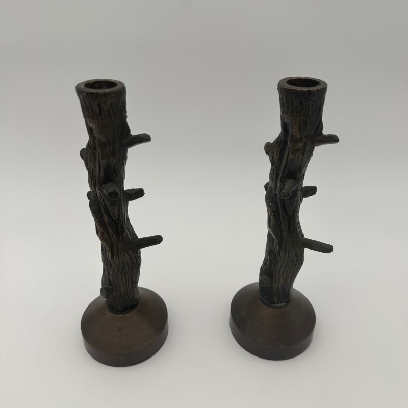Paire de bougeoir en bronze imitation bois vers 1970