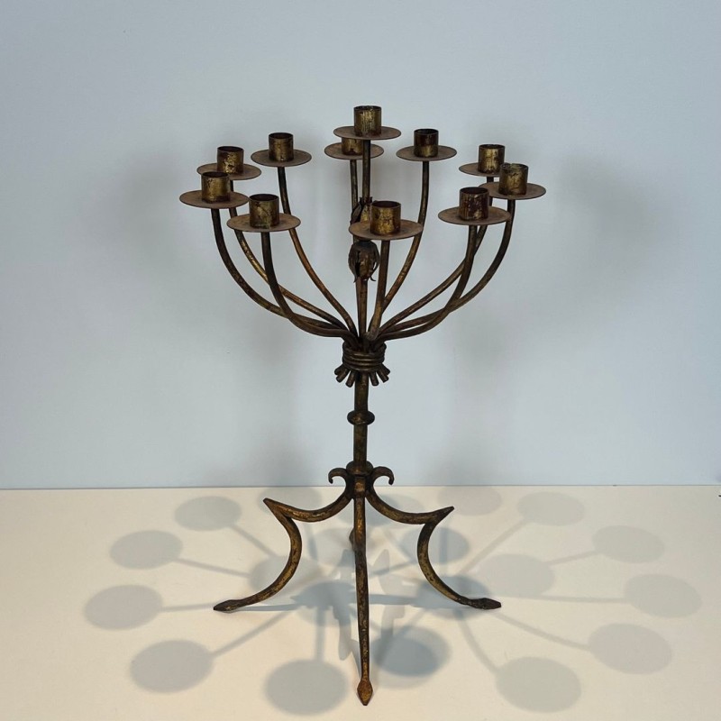 Bougeoir 11 Bras Fer Forgé Doré, Travail Français, vers 1940