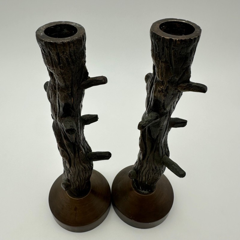 Paire de bougeoir en bronze imitation bois vers 1970