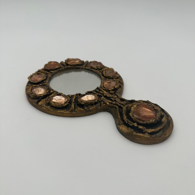 Miroir à main en métal doré, dans le goût de Line Vautrin – Travail italien vers 1970