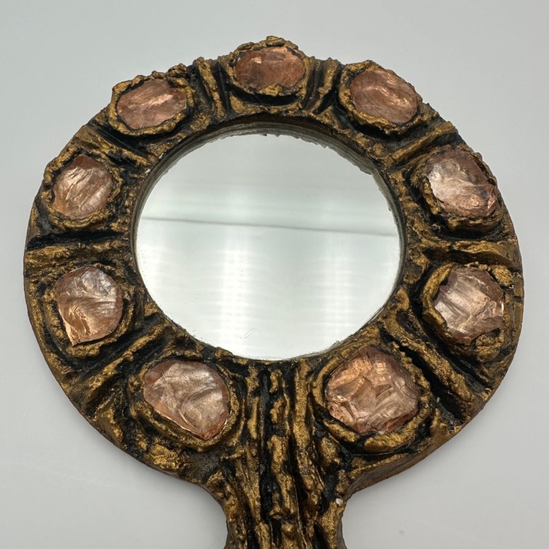 Miroir à main en métal doré, dans le goût de Line Vautrin – Travail italien vers 1970