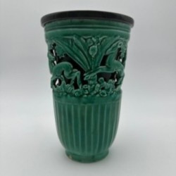 Vase en céramique verte à décor de biches – Signé de sainte radegonde,vers 1970