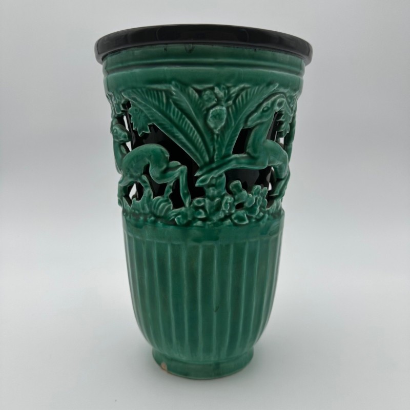 Vase en céramique verte à décor de biches – Signé de sainte radegonde,vers 1970