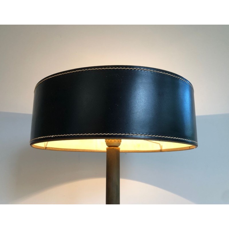 Black Leather and Brass Desk Lamp in the Style of Jacques Adnet, French Work, circa 1970