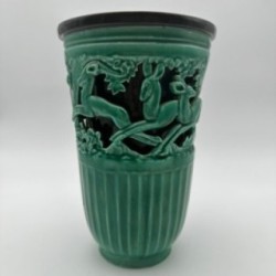 Vase en céramique verte à décor de biches – Signé de sainte radegonde,vers 1970