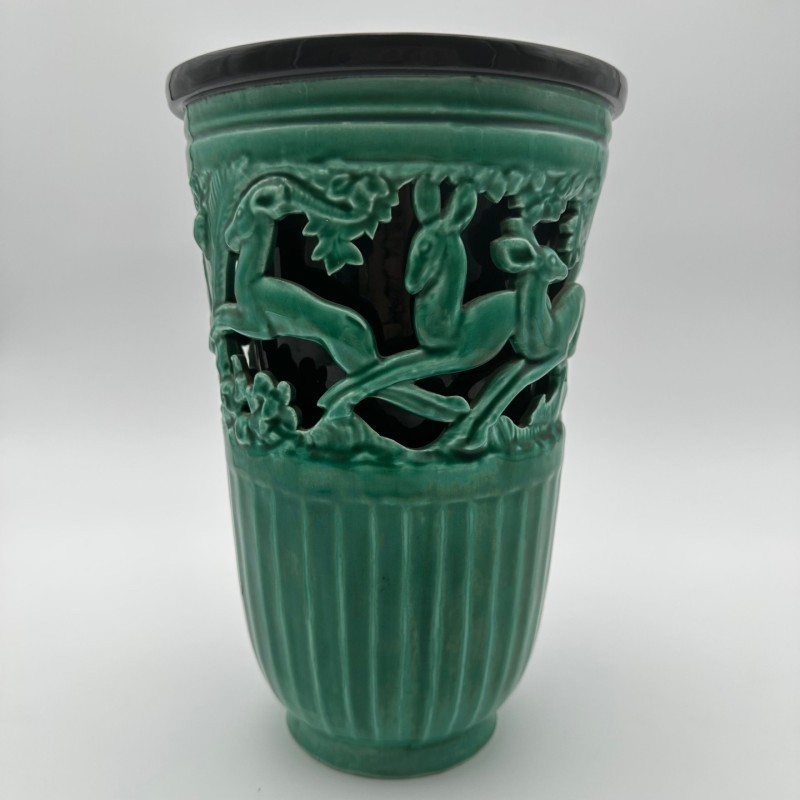 Vase en céramique verte à décor de biches – Signé de sainte radegonde,vers 1970