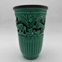 Vase en céramique verte à décor de biches – Signé de sainte radegonde,vers 1970