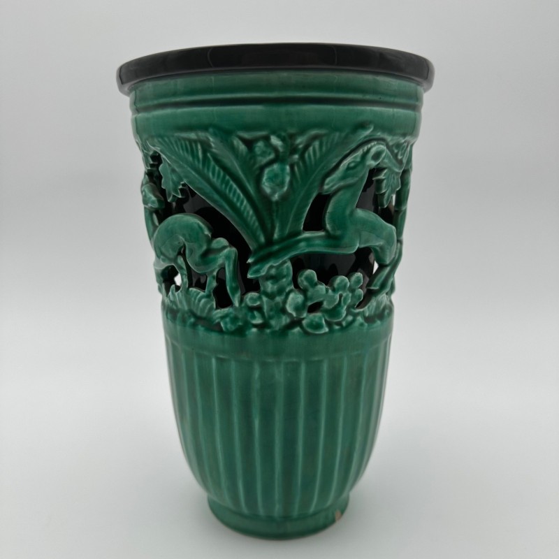 Vase en céramique verte à décor de biches – Signé de sainte radegonde,vers 1970