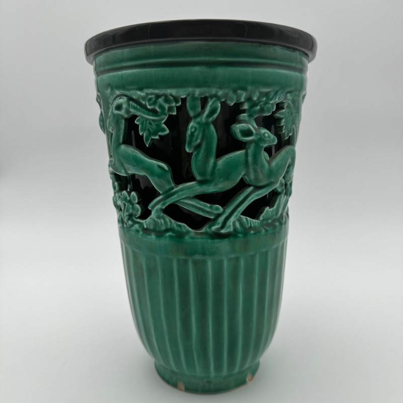 Vase en céramique verte à décor de biches – Signé de sainte radegonde,vers 1970