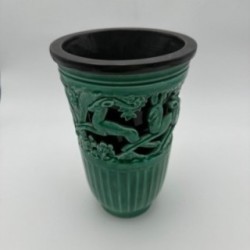 Vase en céramique verte à décor de biches – Signé de sainte radegonde,vers 1970