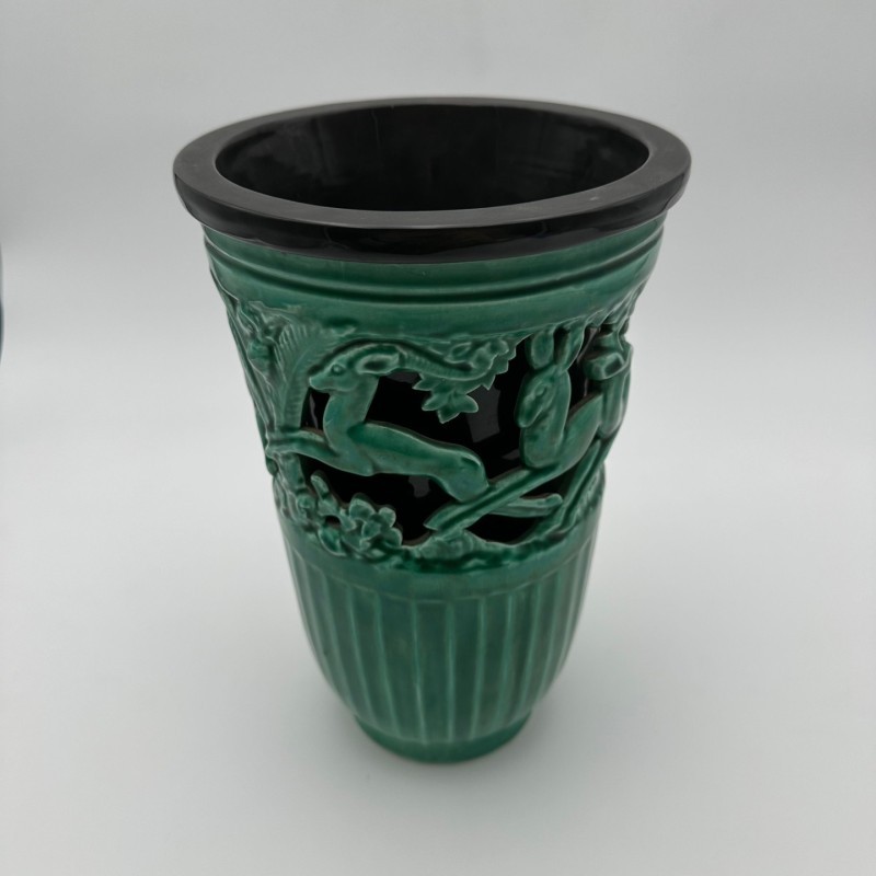 Vase en céramique verte à décor de biches – Signé de sainte radegonde,vers 1970