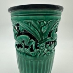 Vase en céramique verte à décor de biches – Signé de sainte radegonde,vers 1970