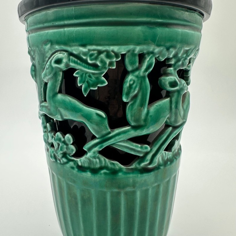 Vase en céramique verte à décor de biches – Signé de sainte radegonde,vers 1970
