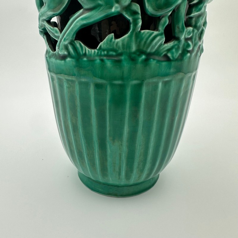 Vase en céramique verte à décor de biches – Signé de sainte radegonde,vers 1970