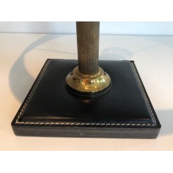 Black Leather and Brass Desk Lamp in the Style of Jacques Adnet, French Work, circa 1970